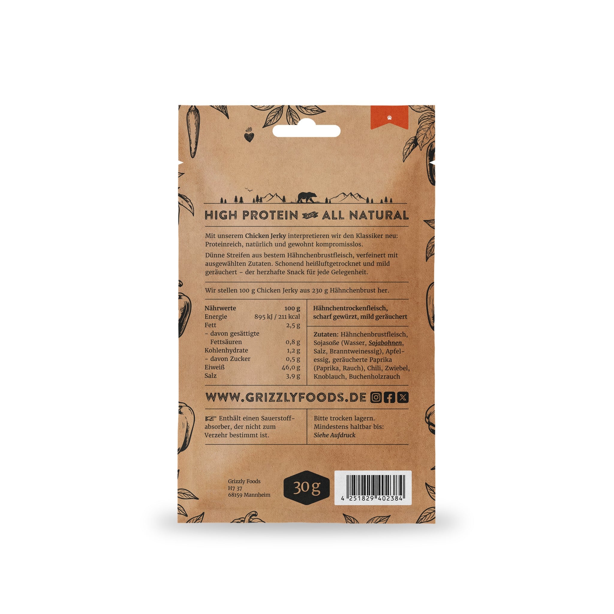 Chicken Jerky Firebird, Rückseite mit Nährwerten und Zutaten