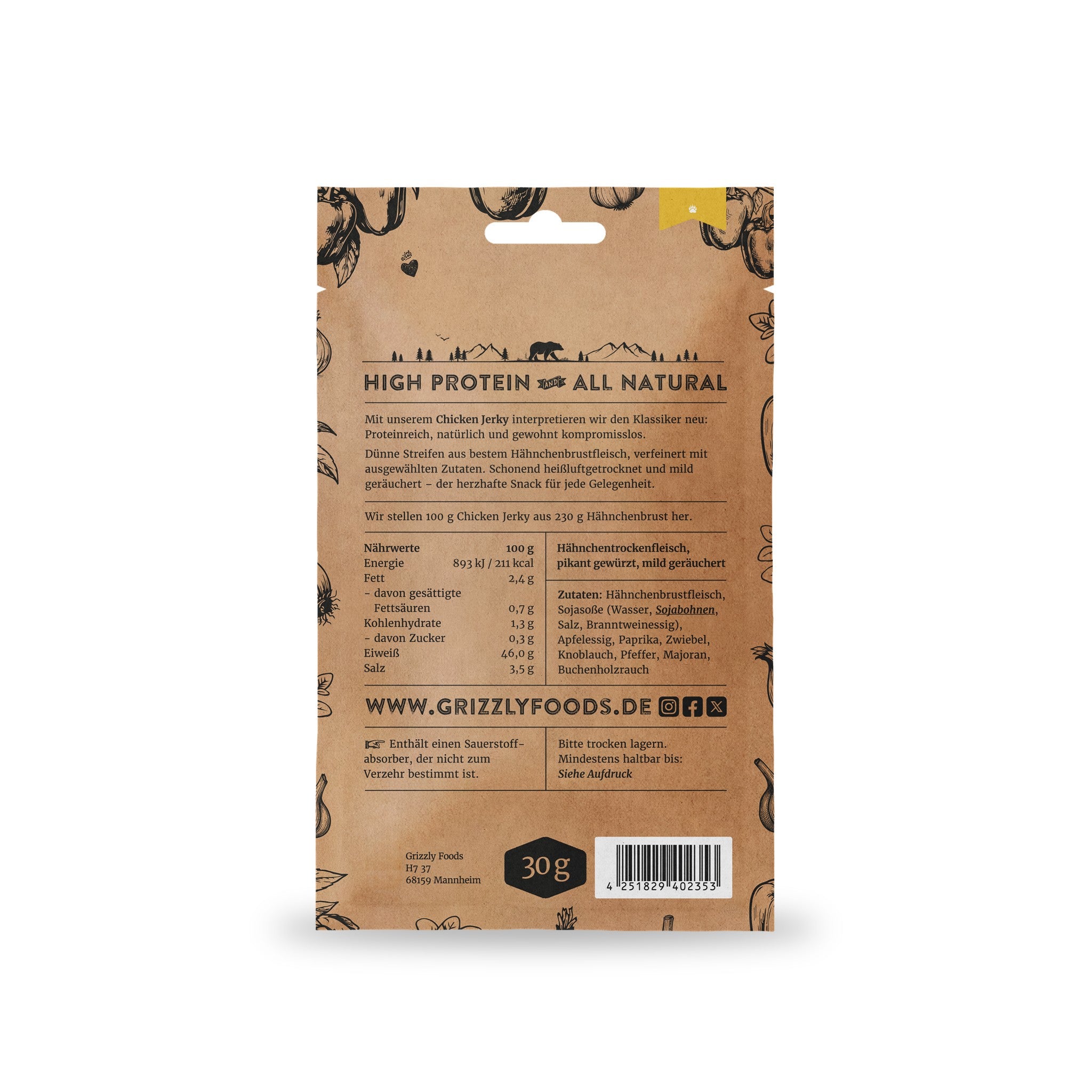 Chicken Jerky Golden Grill, Rückseite mit Nährwerten und Zutaten