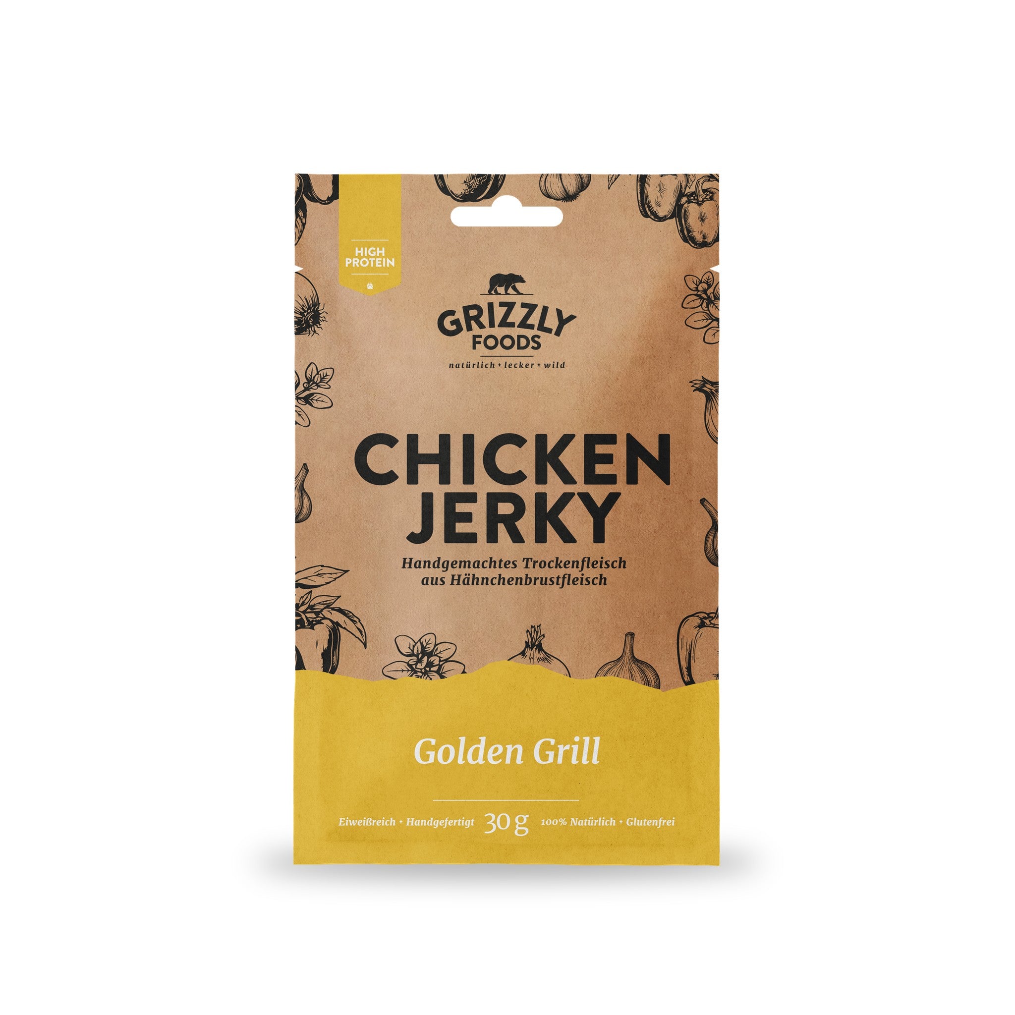 Chicken Jerky Golden Grill, 30-g-Beutel Vorderseite
