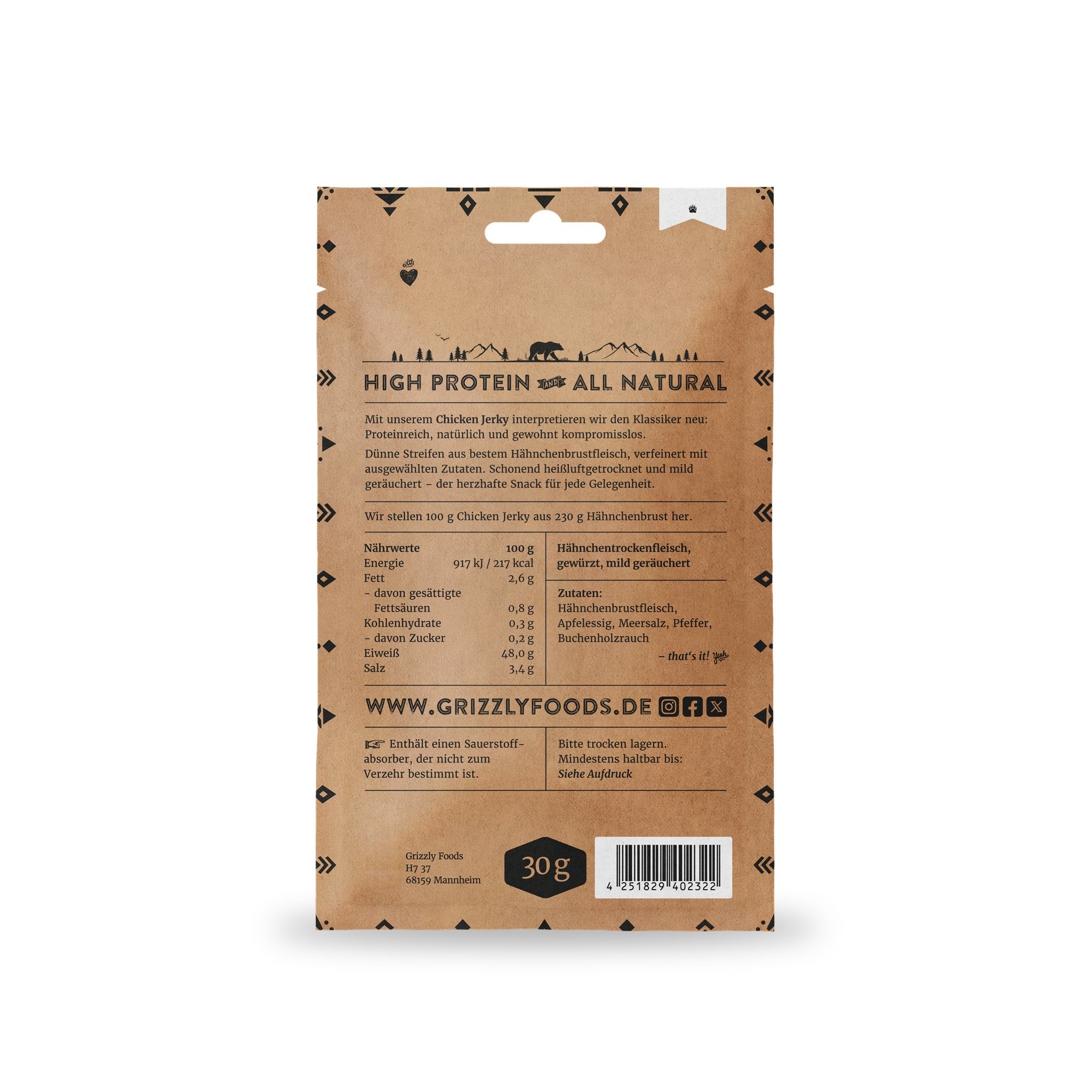 Chicken Jerky Original, Rückseite mit Nährwerten und Zutaten