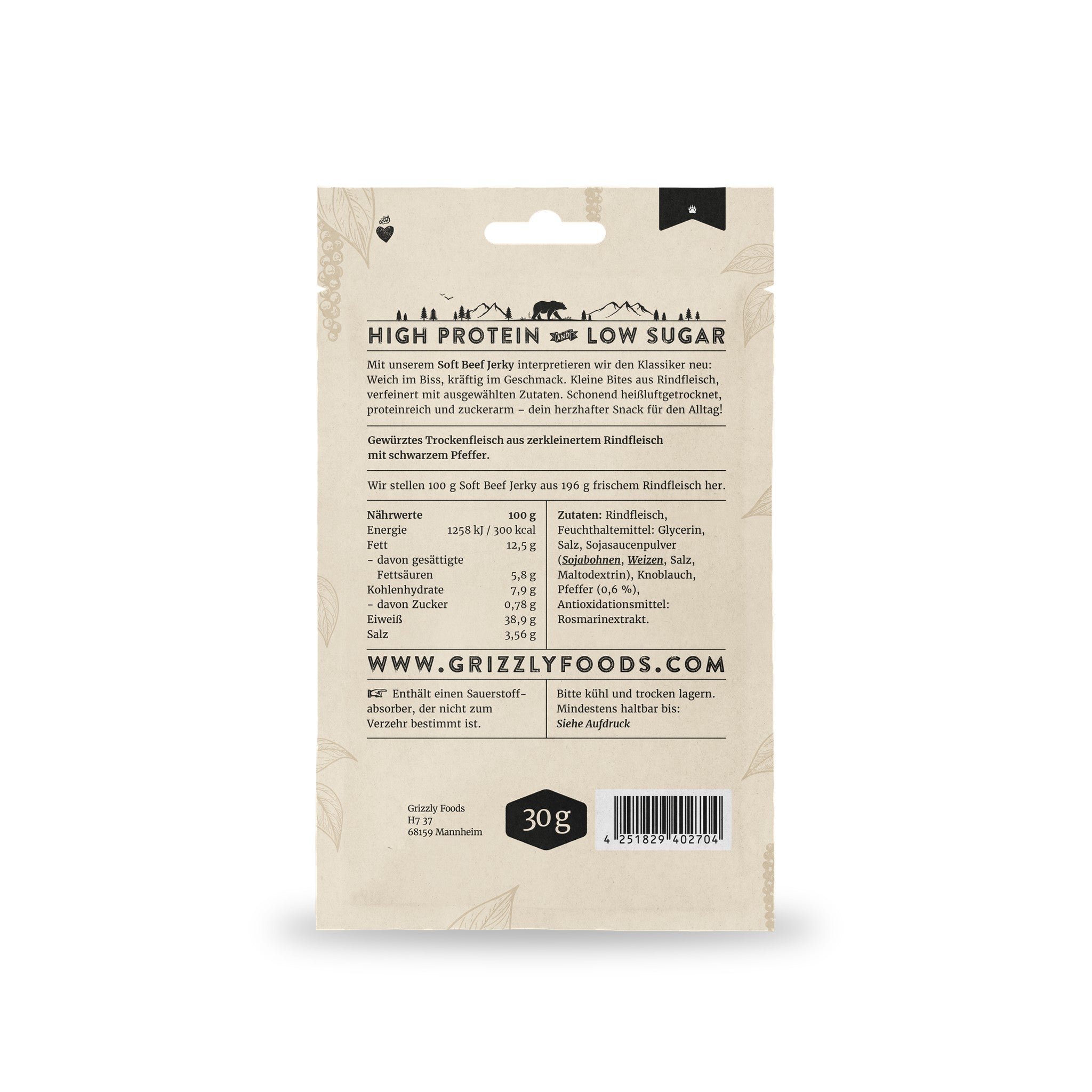 Soft Beef Jerky Classic Pepper, Rückseite mit Nährwerten und Zutaten
