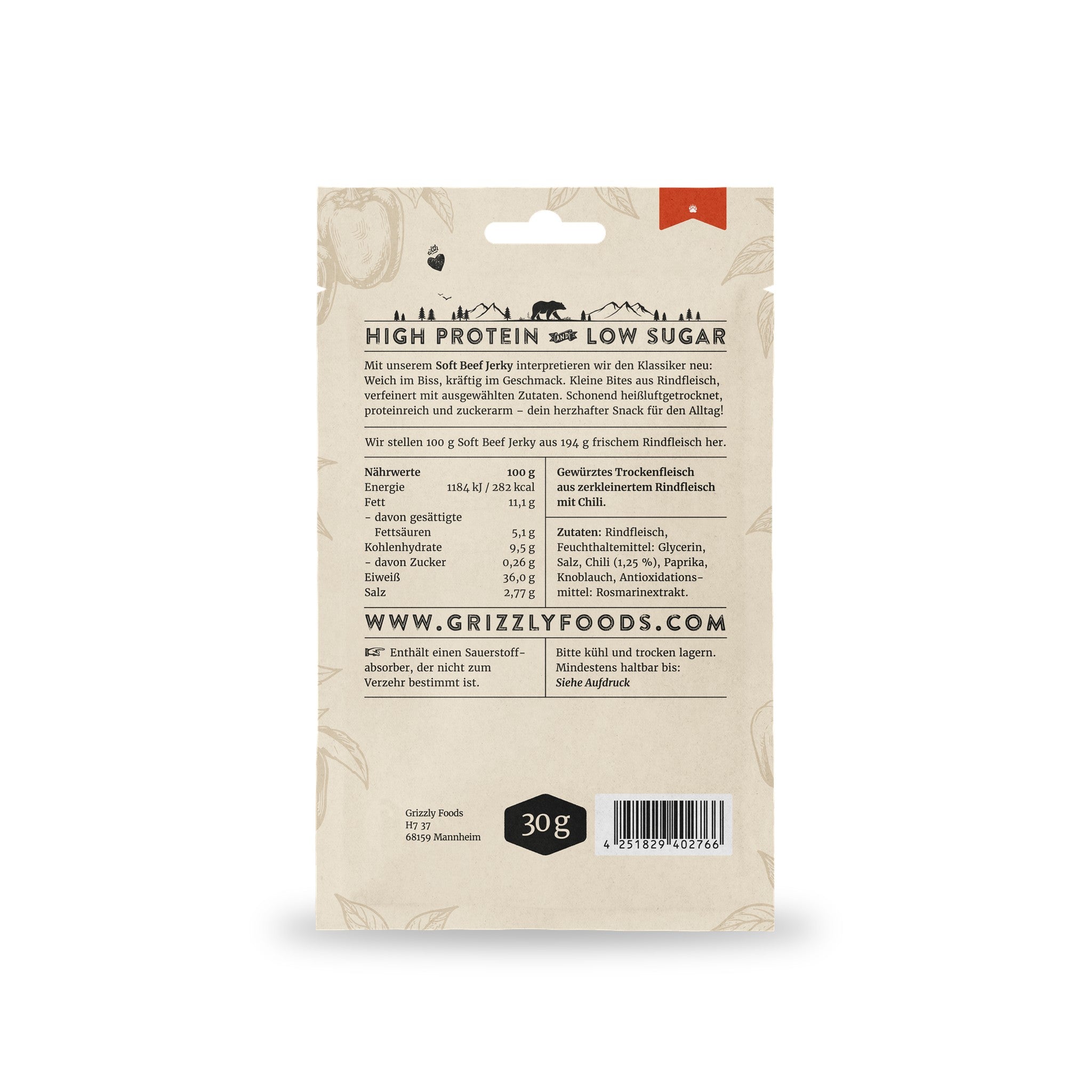 Soft Beef Jerky Sweet Chili, Rückseite mit Nährwerten und Zutaten
