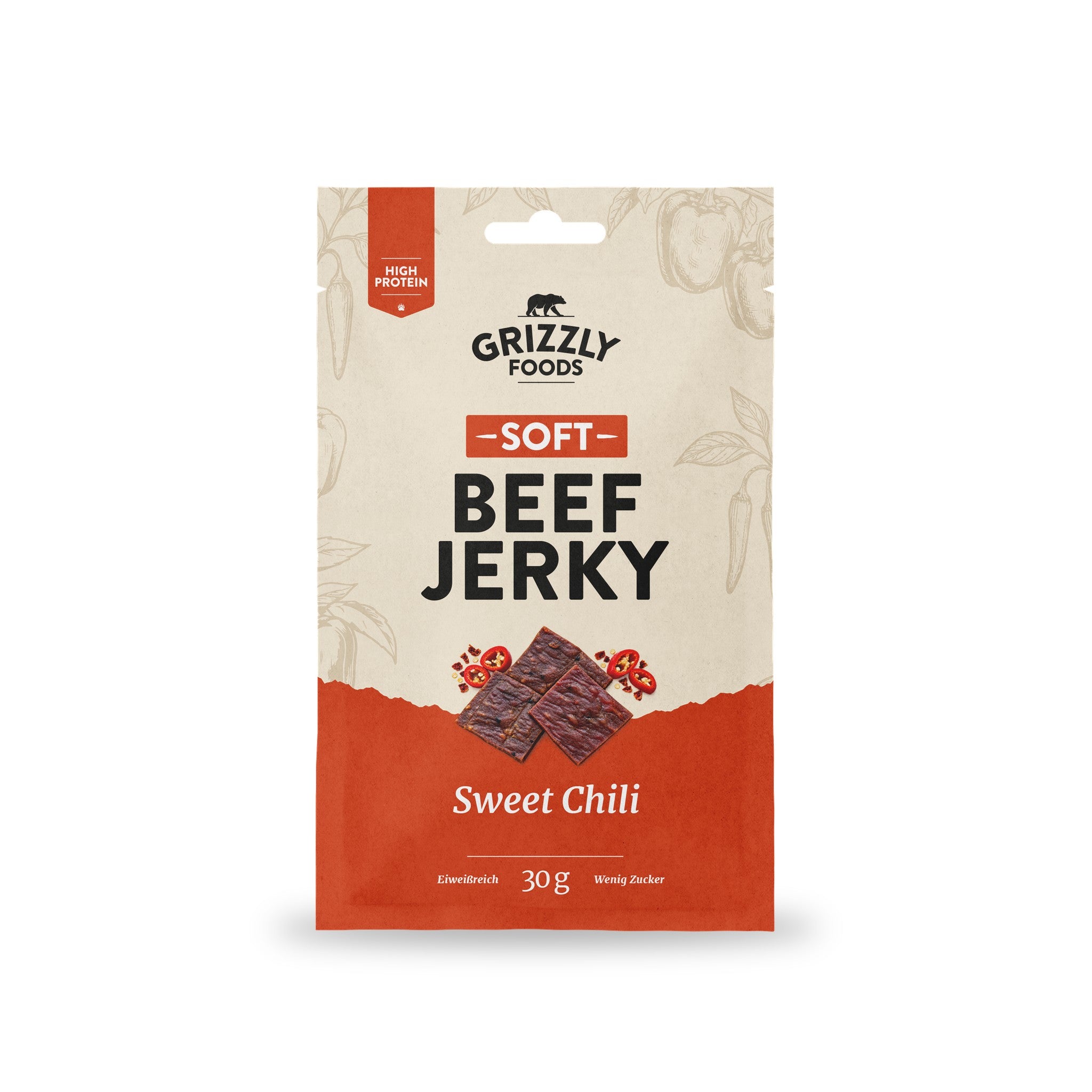 Soft Beef Jerky Sweet Chili, 30-g-Beutel Vorderseite