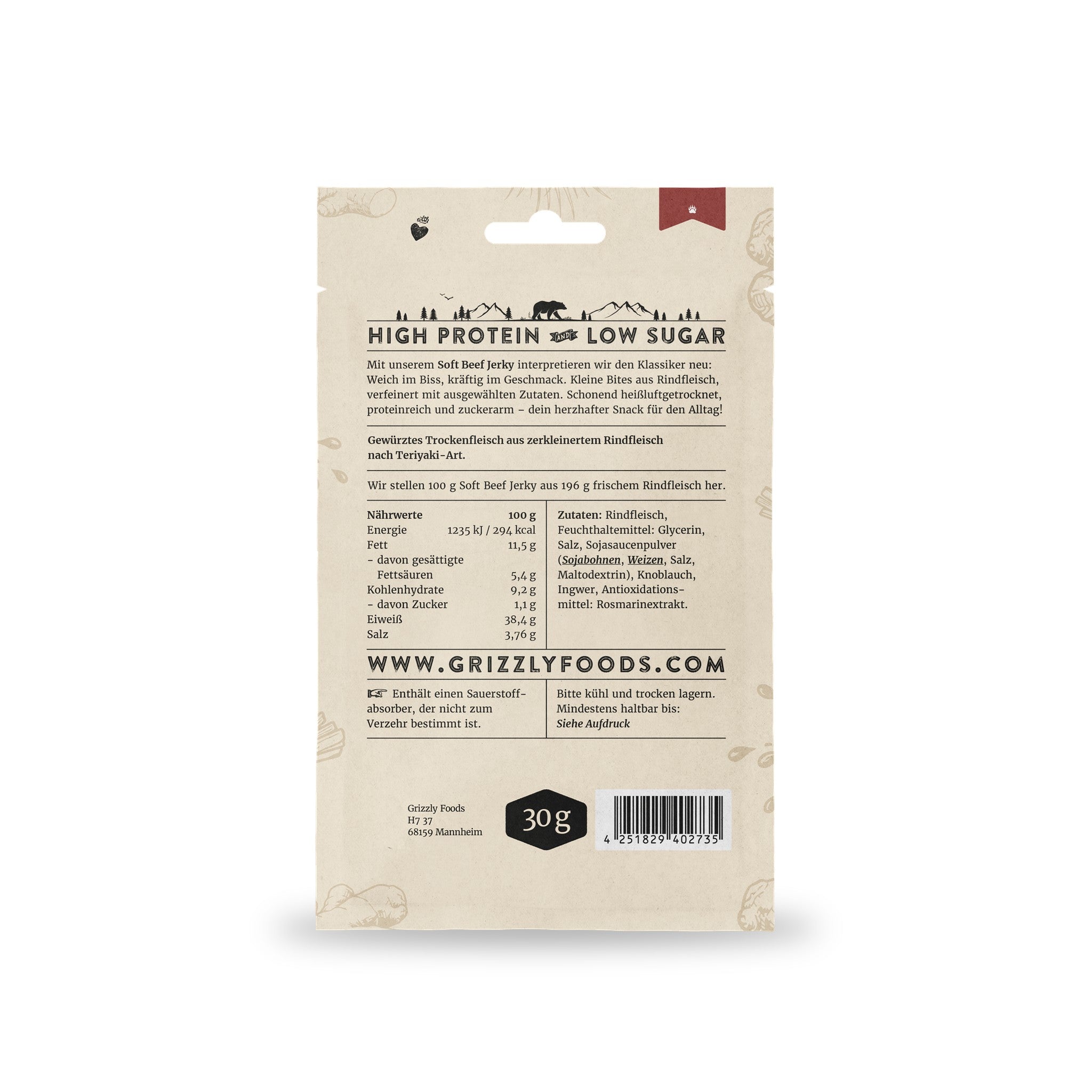 Soft Beef Jerky Teriyaki, Rückseite mit Nährwerten und Zutaten